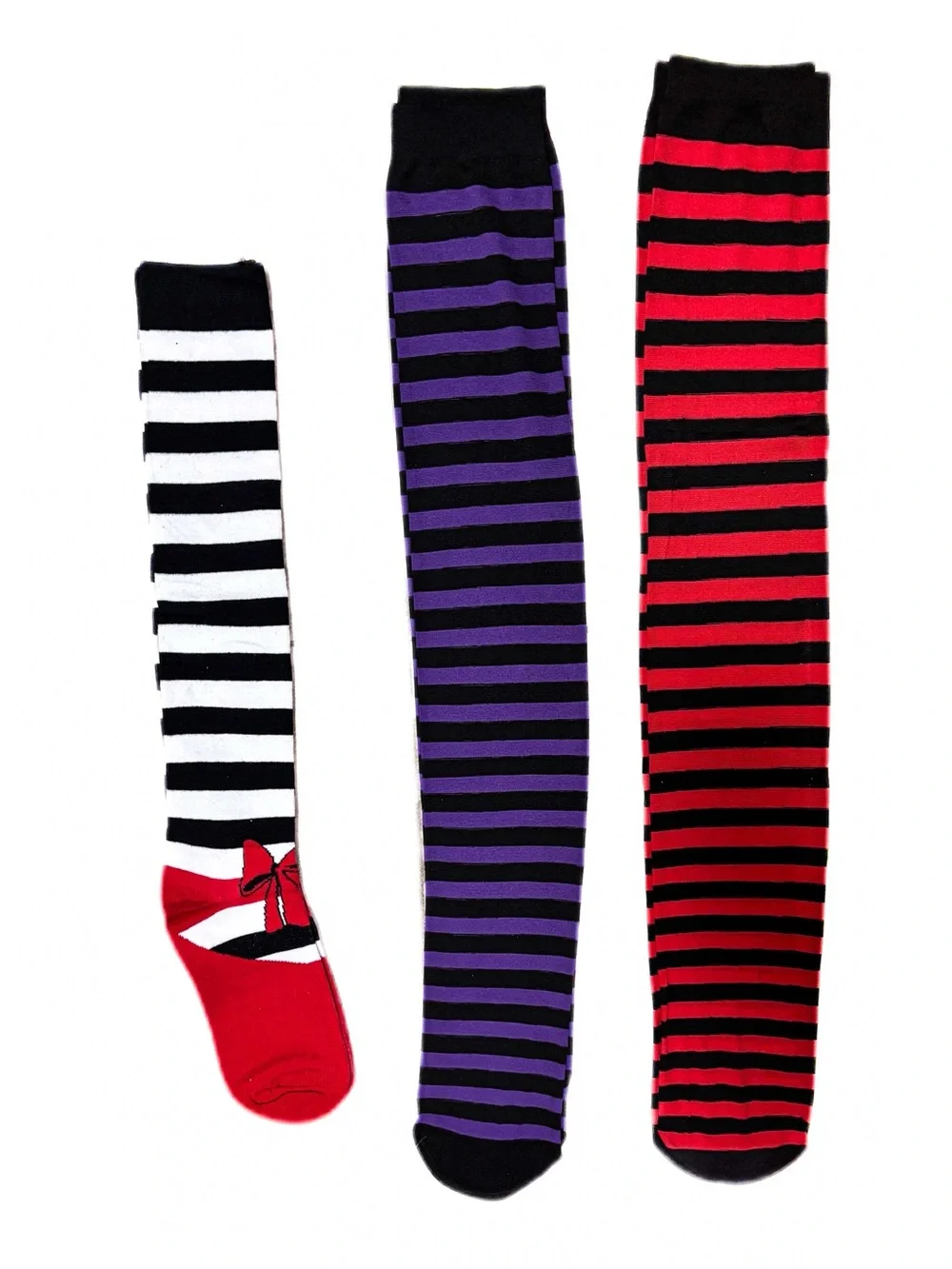 NEW - Bundle of 3 Striped Over-the-Knee Socks - Purple, Red, White/Bow